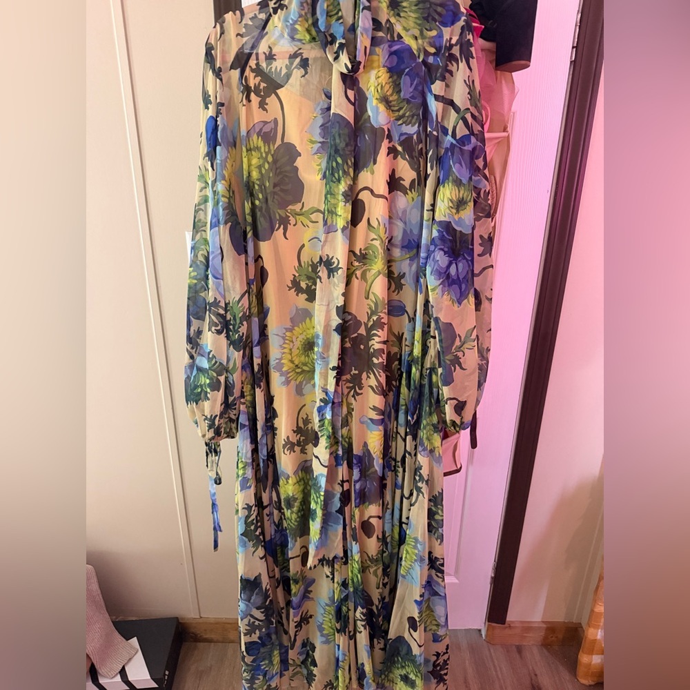 ASOS high neck Flowy Floral Midi Dress in Blue & Green